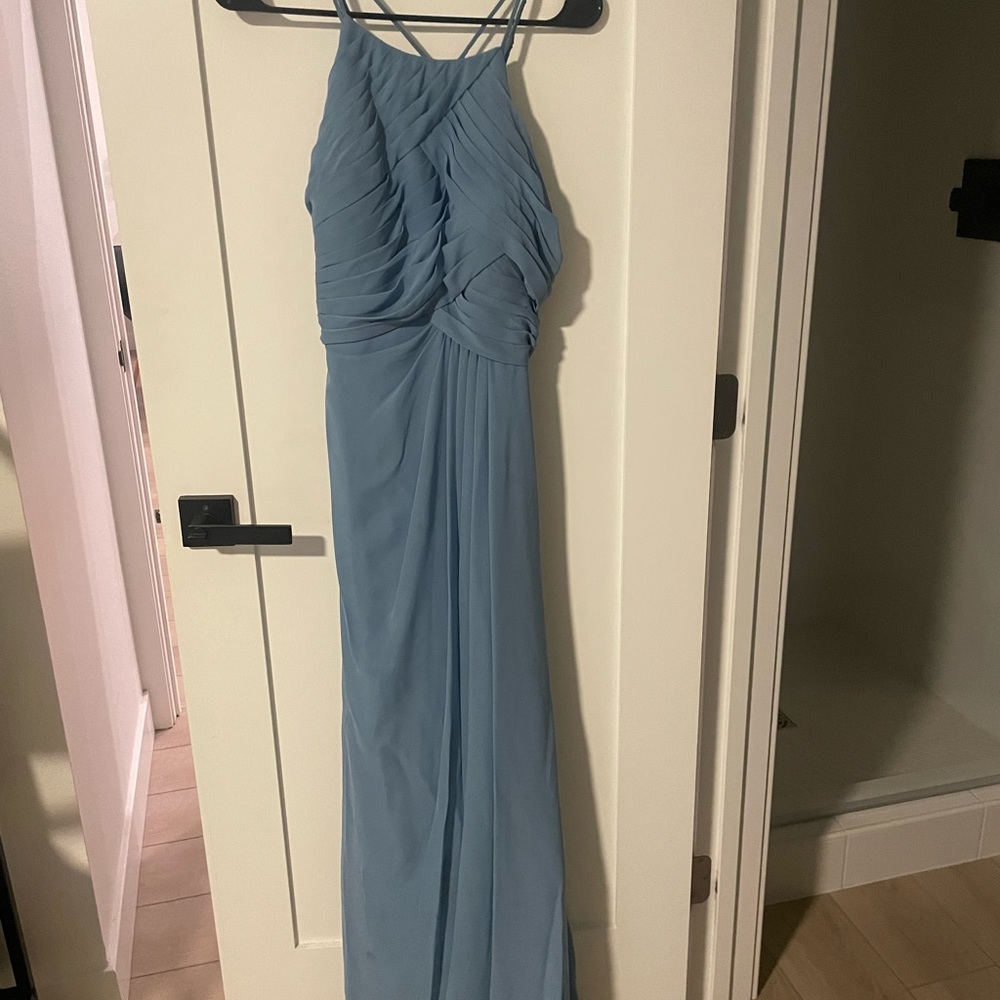 Dusty Blue High Neck Long Chiffon Bridesmaid Dress
